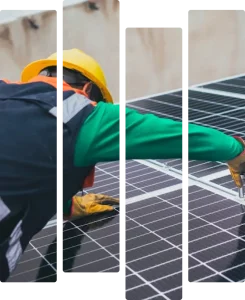 Technicien casqué intervenant sur des panneaux photovoltaïques
