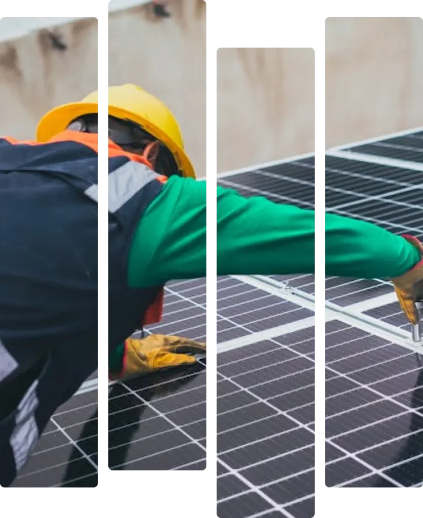 Technicien casqué intervenant sur des panneaux photovoltaïques