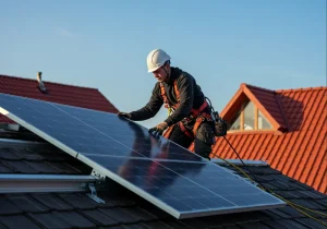 Technicien fixant un panneau solaire sur un toit